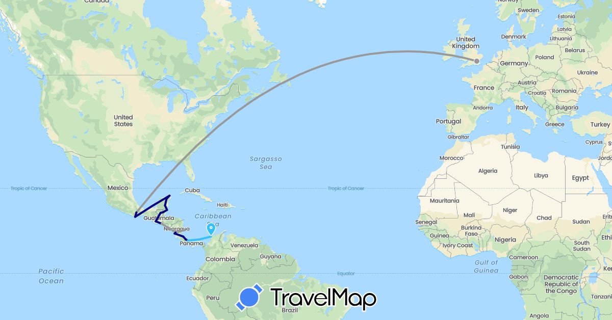 TravelMap itinerary: driving, plane, boat in Belize, Colombia, Costa Rica, United Kingdom, Guatemala, Mexico, Nicaragua, Panama, El Salvador (Europe, North America, South America)